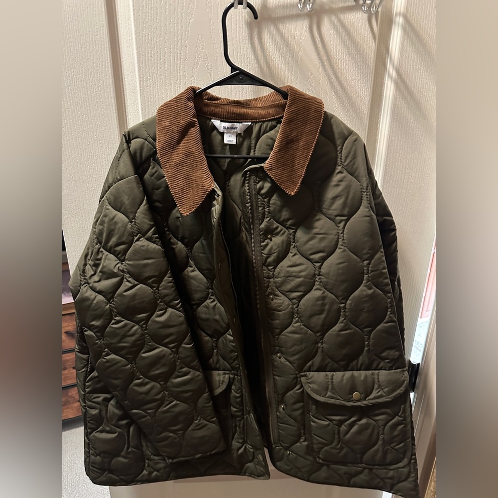 Old Navy Quilted Olive Green Field Jacket with Brown Corduroy Collar